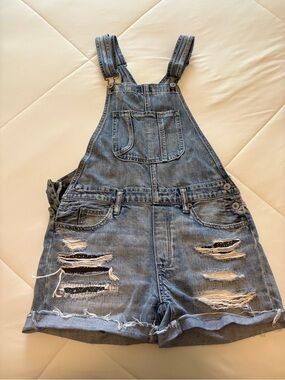 American Eagle Denim Distressed Short Overalls